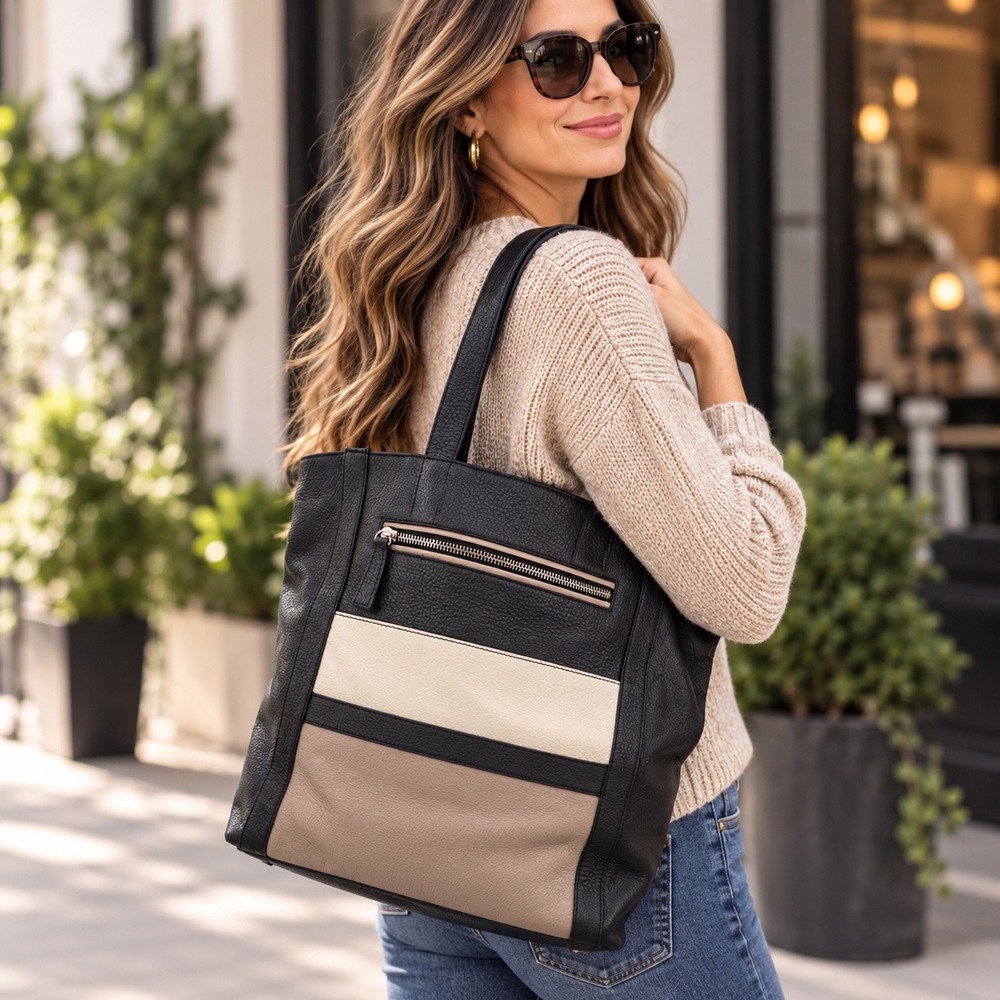 Varriale Genuine Leather Tote Bag Made In Italy Black Tan Cream‎ Colorblock